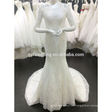 Fábrica de Guangzhou fotos reales por encargo de lujo Frence encaje 3/4 mangas de tren largo vestido de boda de la sirena de Arabia Saudita